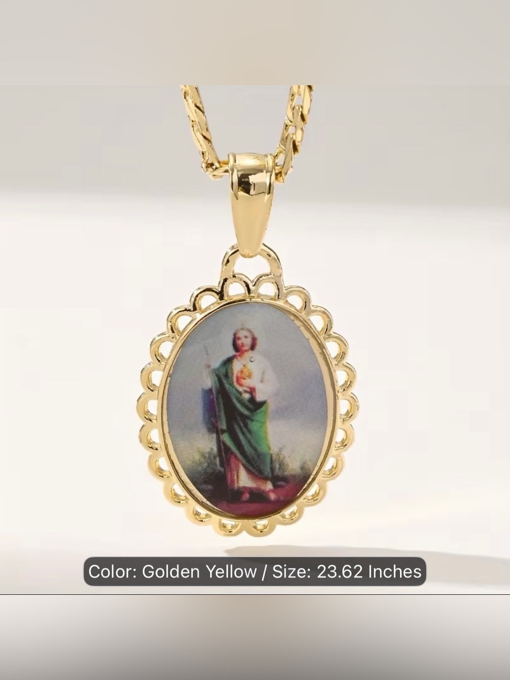 Gold-Tone Religious Oval Pendant Necklace with Green Accents